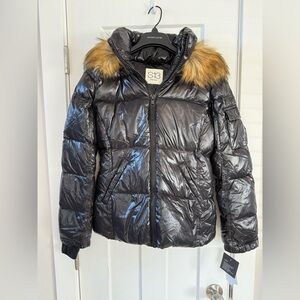 S13 Women's Black Puffer Jacket with Faux Fur Trim